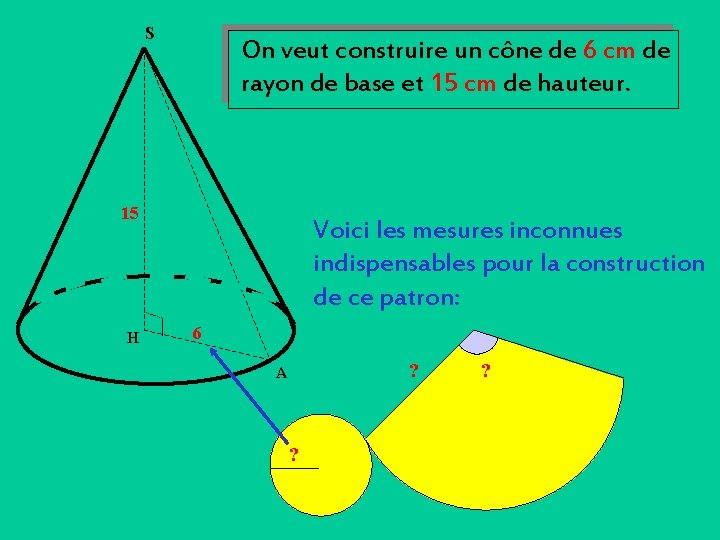 S On veut construire un cône de 6 cm de rayon de base et S On veut construire un cône de 6 cm de rayon de base et