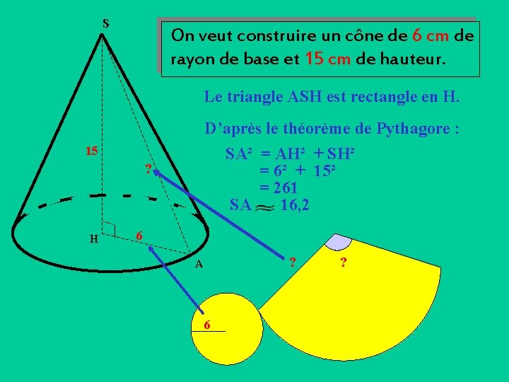 S On veut construire un cône de 6 cm de rayon de base et S On veut construire un cône de 6 cm de rayon de base et