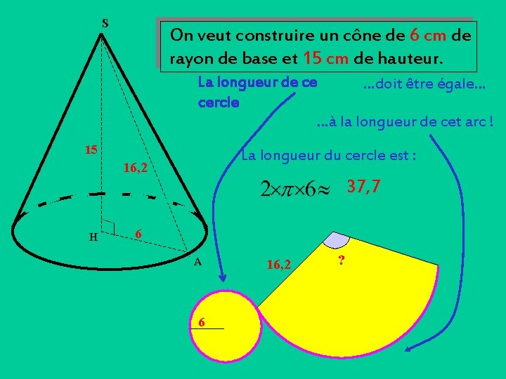 S On veut construire un cône de 6 cm de rayon de base et S On veut construire un cône de 6 cm de rayon de base et