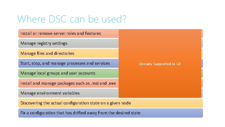 Where DSC can be used? Install or remove server roles and features Manage registry Where DSC can be used? Install or remove server roles and features Manage registry