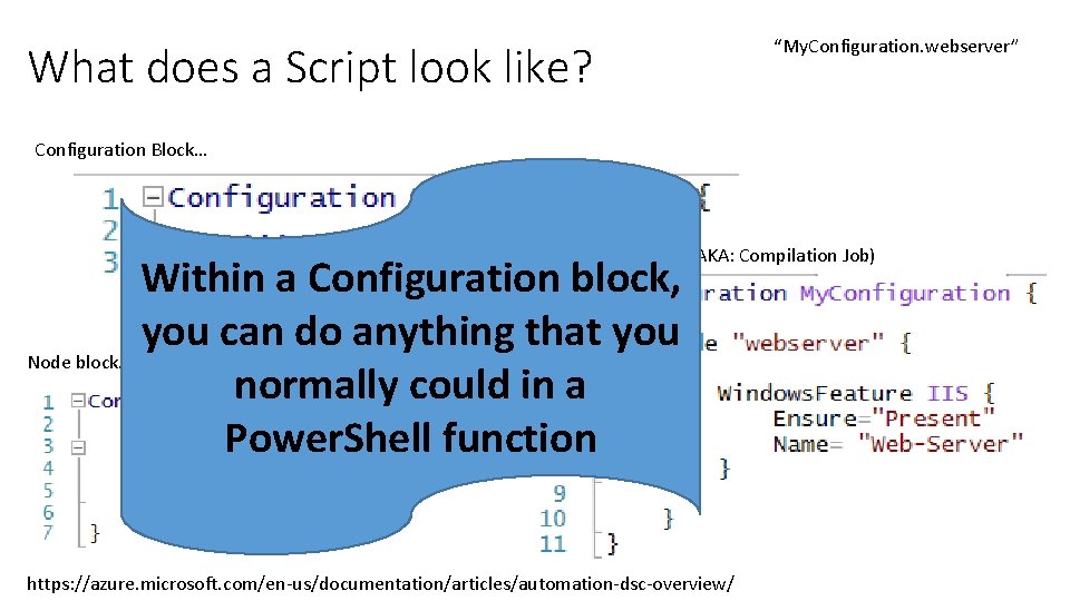 What does a Script look like? “My. Configuration. webserver” Configuration Block… Resource Block… (AKA: What does a Script look like? “My. Configuration. webserver” Configuration Block… Resource Block… (AKA: