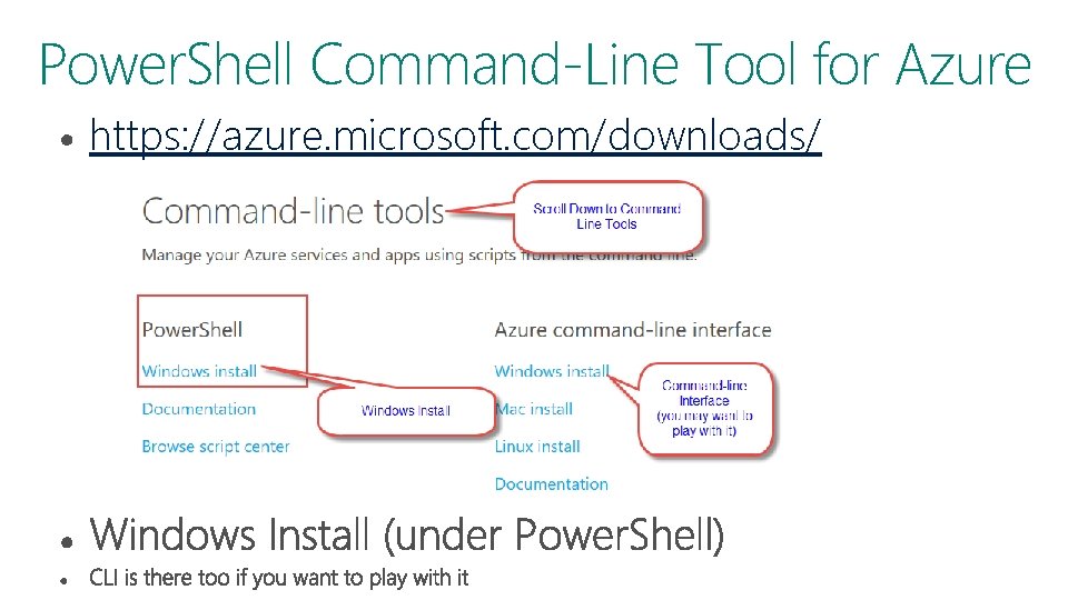Power. Shell Command-Line Tool for Azure https: //azure. microsoft. com/downloads/ Power. Shell Command-Line Tool for Azure https: //azure. microsoft. com/downloads/