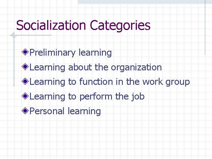 Socialization Categories Preliminary learning Learning about the organization Learning to function in the work