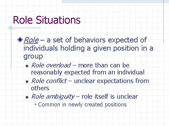 Role Situations Role – a set of behaviors expected of individuals holding a given