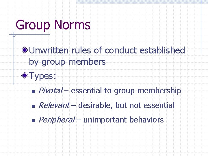 Group Norms Unwritten rules of conduct established by group members Types: n Pivotal –