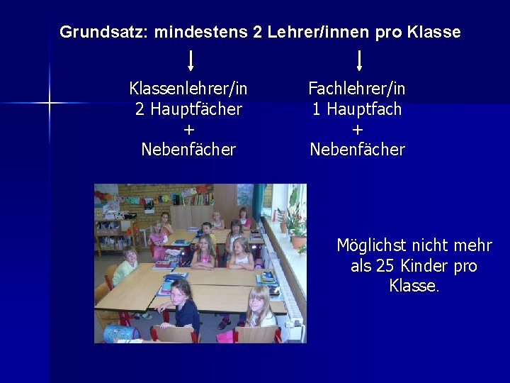 Grundsatz: mindestens 2 Lehrer/innen pro Klassenlehrer/in 2 Hauptfächer + Nebenfächer Fachlehrer/in 1 Hauptfach +