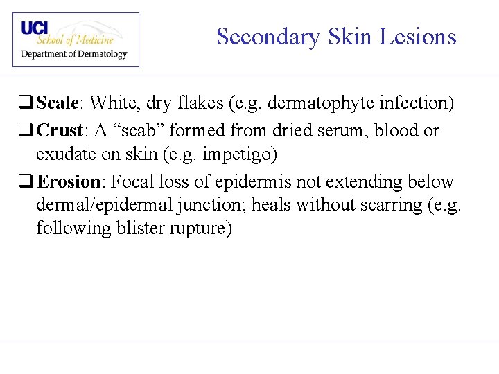 Secondary Skin Lesions q Scale: White, dry flakes (e. g. dermatophyte infection) q Crust: