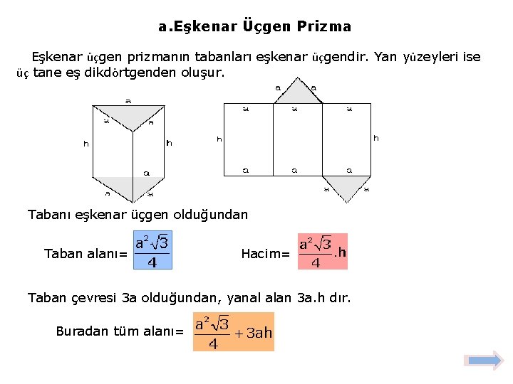 a. Eşkenar Üçgen Prizma Eşkenar üçgen prizmanın tabanları eşkenar üçgendir. Yan yüzeyleri ise üç