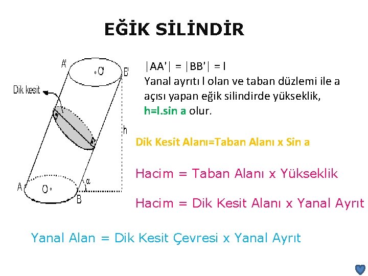 EĞİK SİLİNDİR |AA'| = |BB'| = l Yanal ayrıtı l olan ve taban düzlemi