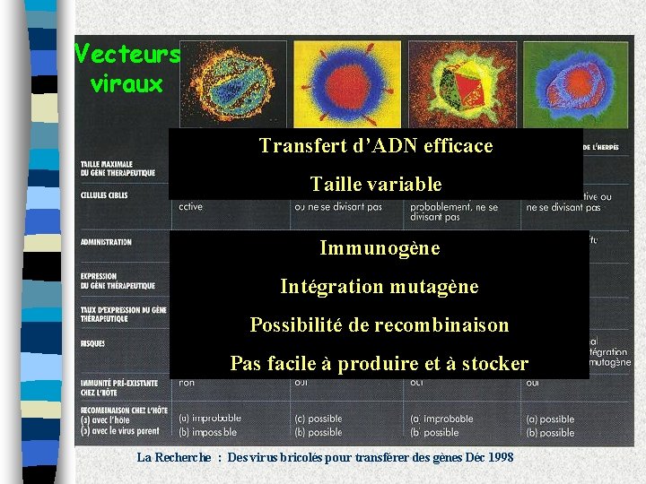 Vecteurs viraux Transfert d’ADN efficace Taille variable Immunogène Intégration mutagène Possibilité de recombinaison Pas