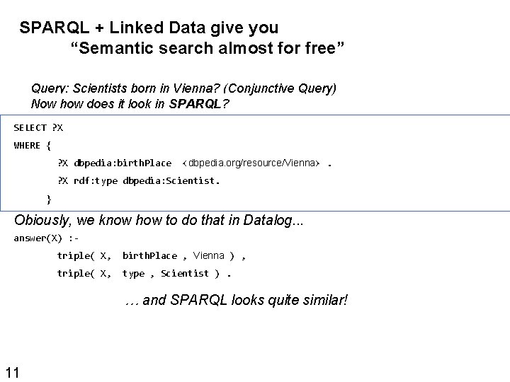 SPARQL + Linked Data give you “Semantic search almost for free” Query: Scientists born