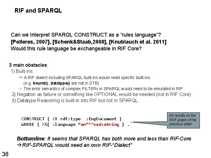 RIF and SPARQL Can we Interpret SPARQL CONSTRUCT as a “rules language”? [Polleres, 2007],