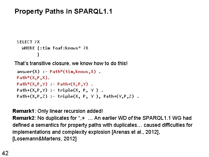 Property Paths in SPARQL 1. 1 SELECT ? X WHERE {: tim foaf: knows*