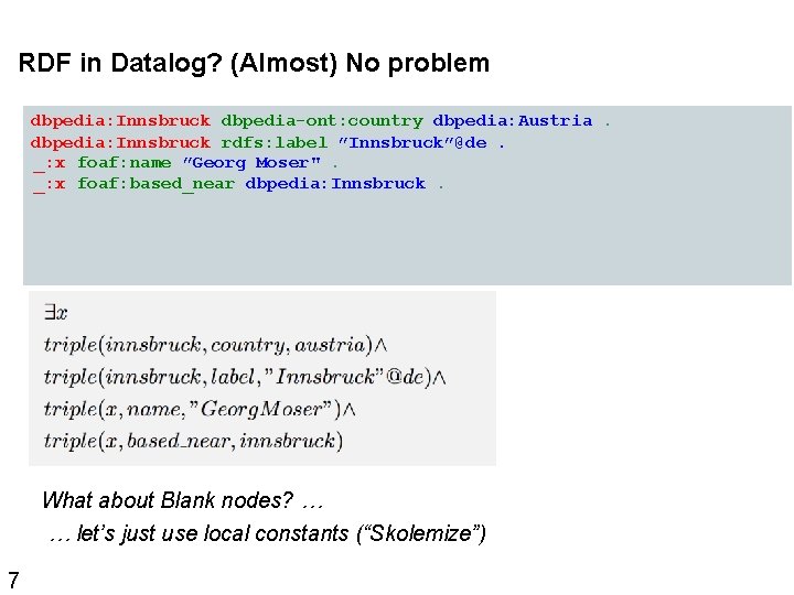 RDF in Datalog? (Almost) No problem dbpedia: Innsbruck dbpedia-ont: country dbpedia: Austria. dbpedia: Innsbruck