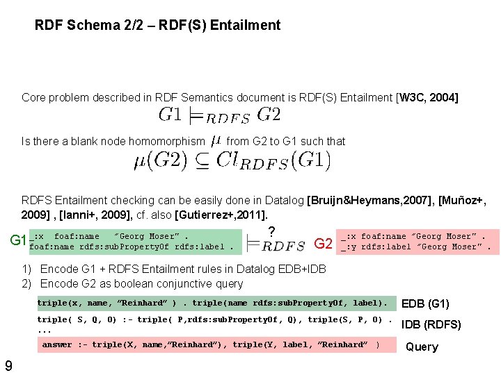 RDF Schema 2/2 – RDF(S) Entailment Core problem described in RDF Semantics document is