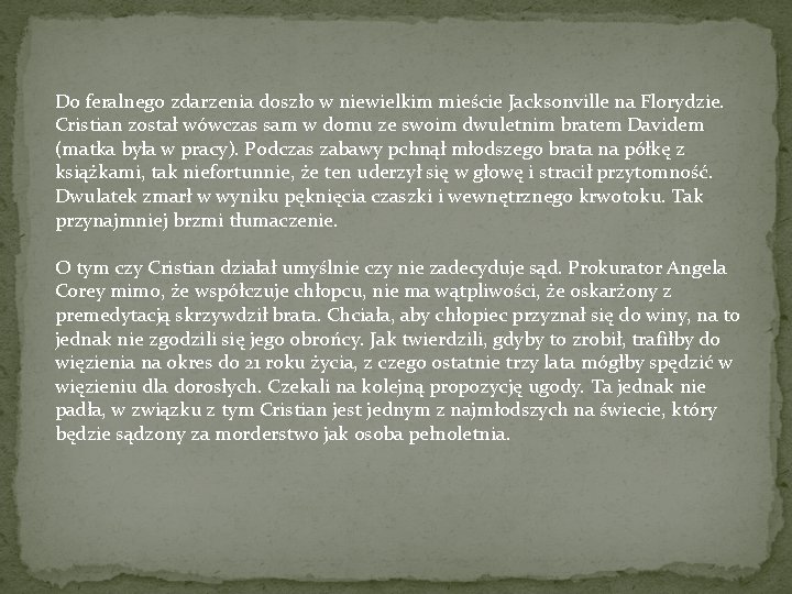 Do feralnego zdarzenia doszło w niewielkim mieście Jacksonville na Florydzie. Cristian został wówczas sam