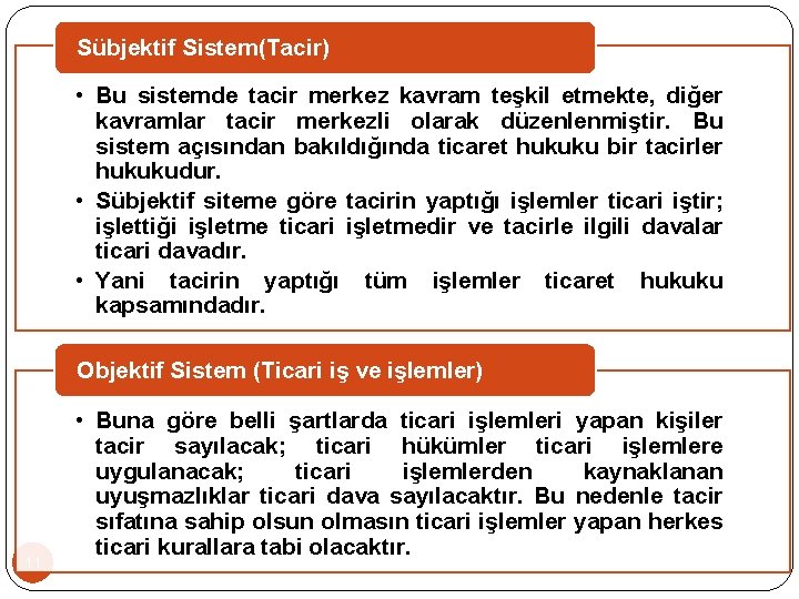 Sübjektif Sistem(Tacir) • Bu sistemde tacir merkez kavram teşkil etmekte, diğer kavramlar tacir merkezli
