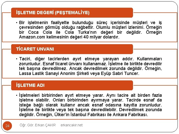 İŞLETME DEĞERİ (PEŞTEMALİYE) • Bir işletmenin faaliyette bulunduğu süreç içerisinde müşteri ve iş çevresinden
