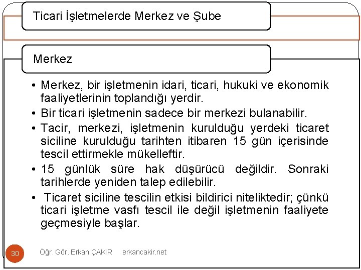 Ticari İşletmelerde Merkez ve Şube Merkez • Merkez, bir işletmenin idari, ticari, hukuki ve