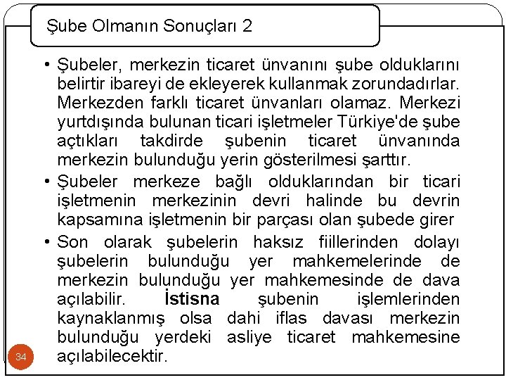Şube Olmanın Sonuçları 2 34 • Şubeler, merkezin ticaret ünvanını şube olduklarını belirtir ibareyi