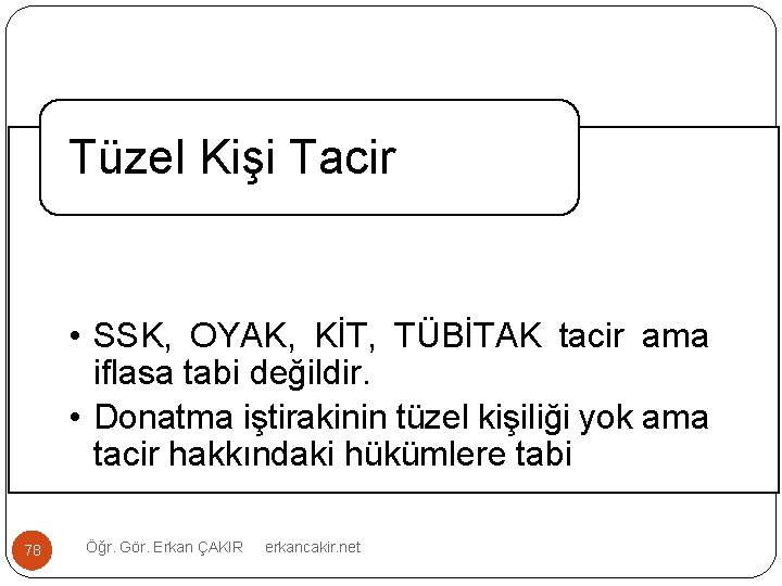Tüzel Kişi Tacir • SSK, OYAK, KİT, TÜBİTAK tacir ama iflasa tabi değildir. •