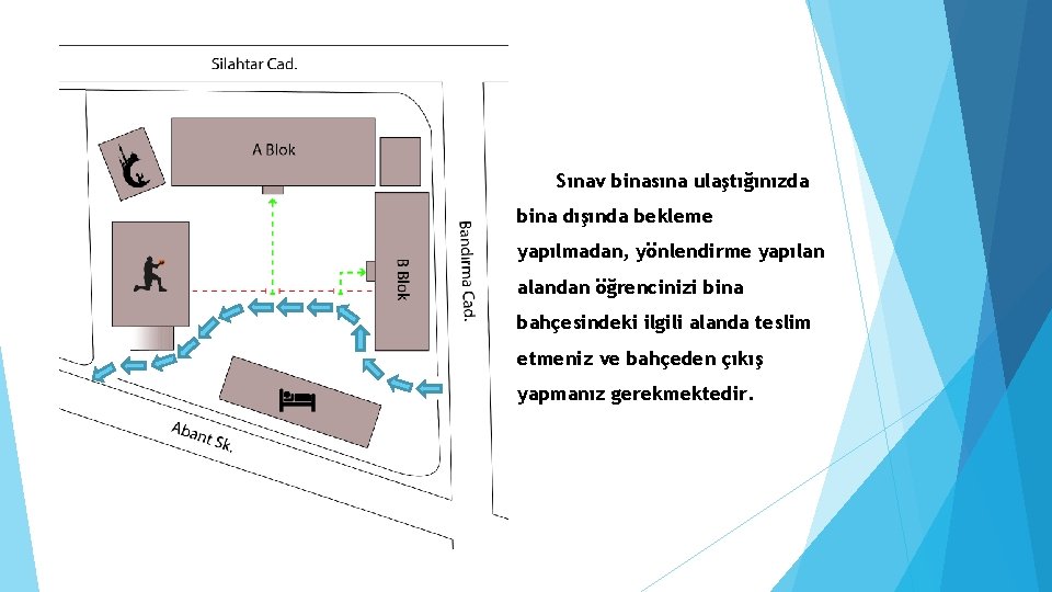 Sınav binasına ulaştığınızda bina dışında bekleme yapılmadan, yönlendirme yapılan alandan öğrencinizi bina bahçesindeki ilgili