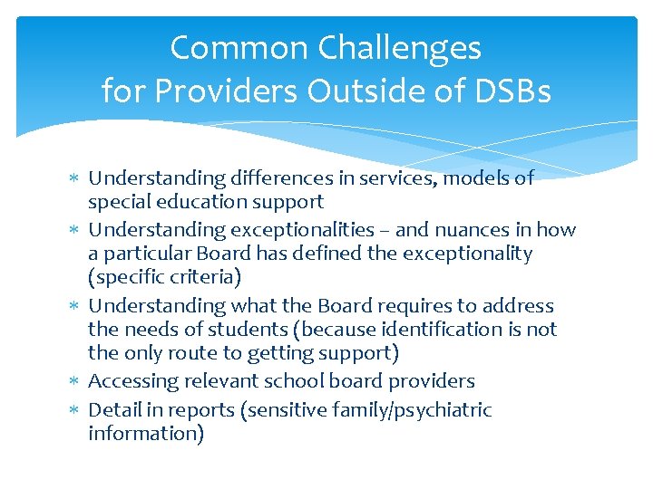 Common Challenges for Providers Outside of DSBs Understanding differences in services, models of special