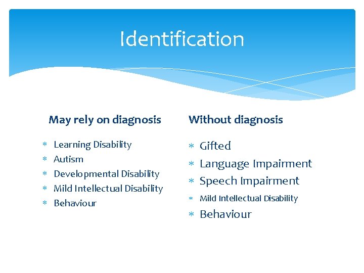 Identification May rely on diagnosis Learning Disability Autism Developmental Disability Mild Intellectual Disability Behaviour