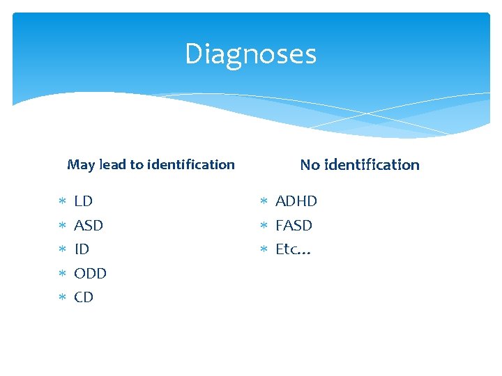 Diagnoses May lead to identification LD ASD ID ODD CD No identification ADHD FASD