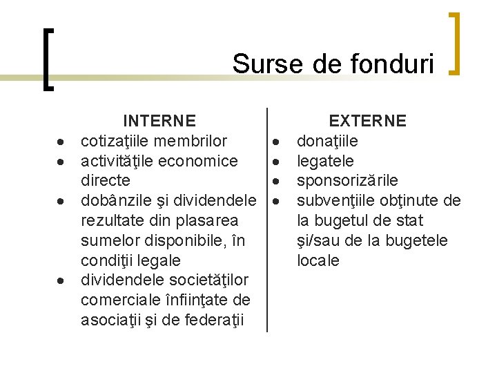 Surse de fonduri INTERNE cotizaţiile membrilor activităţile economice directe dobânzile şi dividendele rezultate din Surse de fonduri INTERNE cotizaţiile membrilor activităţile economice directe dobânzile şi dividendele rezultate din