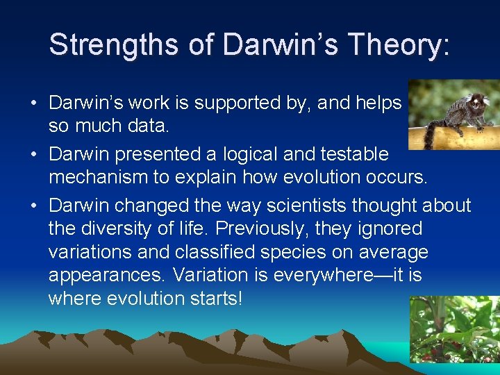 Strengths of Darwin’s Theory: • Darwin’s work is supported by, and helps explain so