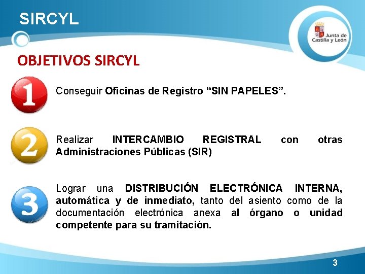 SIRCYL OBJETIVOS SIRCYL Conseguir Oficinas de Registro “SIN PAPELES”. Realizar INTERCAMBIO REGISTRAL Administraciones Públicas