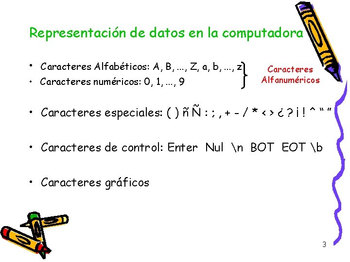 Representación de datos en la computadora • Caracteres Alfabéticos: A, B, . . . Representación de datos en la computadora • Caracteres Alfabéticos: A, B, . . .
