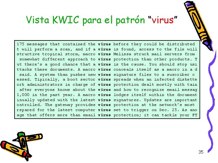 Vista KWIC para el patrón “virus” 175 messages that contained the t will perform Vista KWIC para el patrón “virus” 175 messages that contained the t will perform