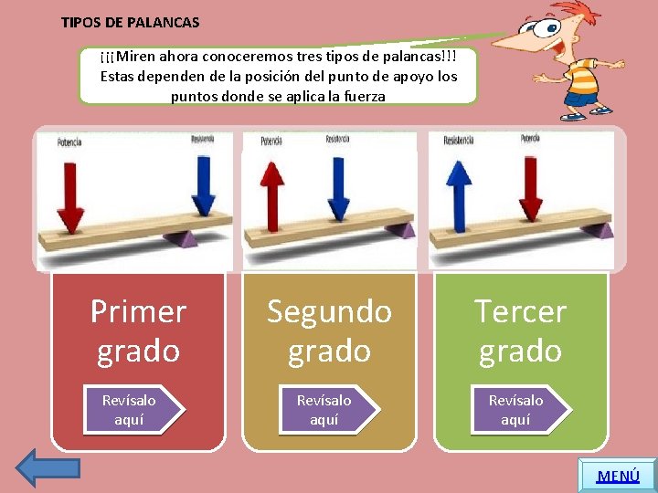 TIPOS DE PALANCAS ¡¡¡Miren ahora conoceremos tres tipos de palancas!!! Estas dependen de la