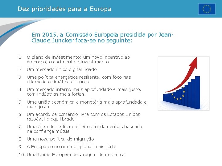 Dez prioridades para a Europa Em 2015, a Comissão Europeia presidida por Jean. Claude