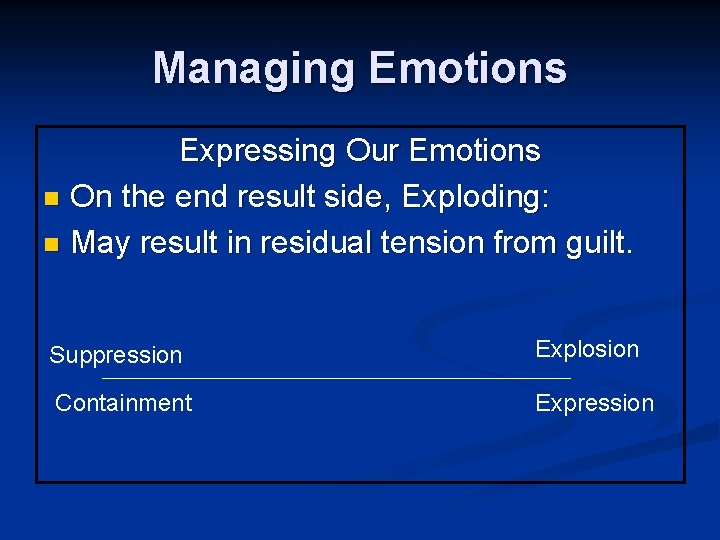 Managing Emotions Expressing Our Emotions n On the end result side, Exploding: n May