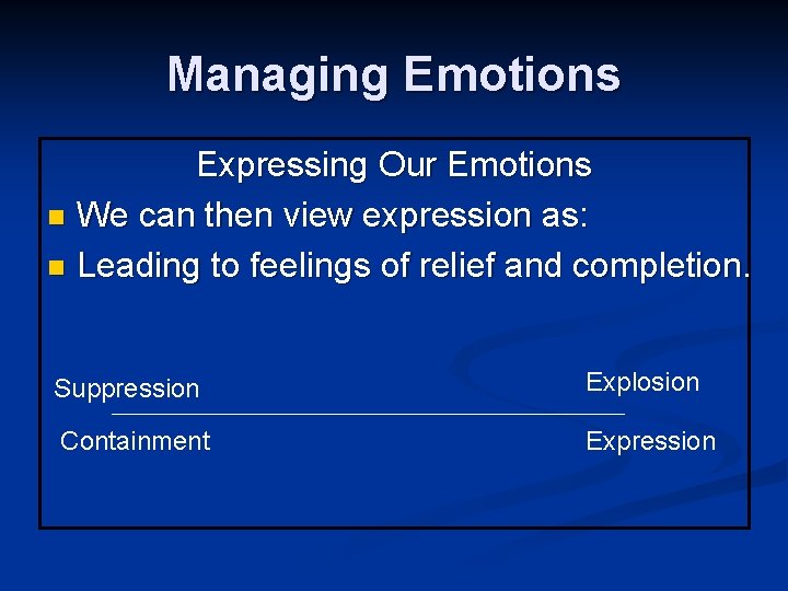 Managing Emotions Expressing Our Emotions n We can then view expression as: n Leading