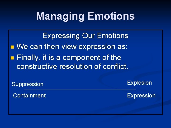 Managing Emotions Expressing Our Emotions n We can then view expression as: n Finally,