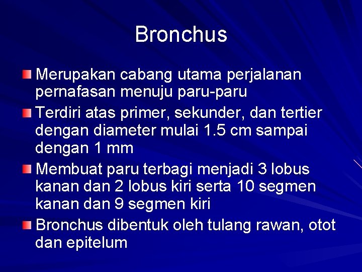 Bronchus Merupakan cabang utama perjalanan pernafasan menuju paru-paru Terdiri atas primer, sekunder, dan tertier