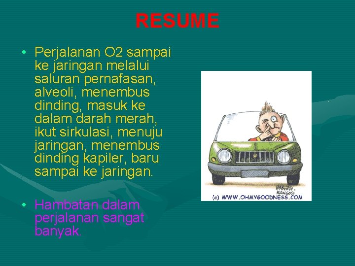 RESUME • Perjalanan O 2 sampai ke jaringan melalui saluran pernafasan, alveoli, menembus dinding,