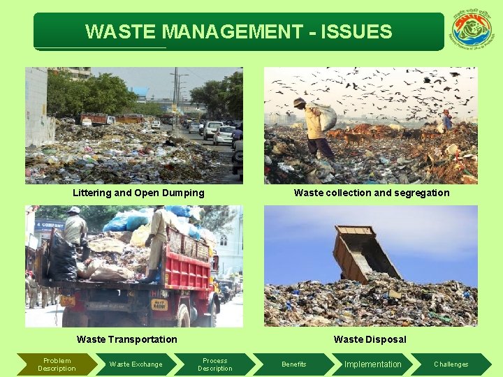 WASTE MANAGEMENT - ISSUES Littering and Open Dumping Waste collection and segregation Waste Transportation