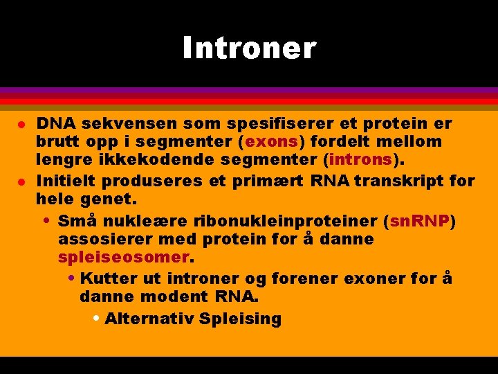 Introner l l DNA sekvensen som spesifiserer et protein er brutt opp i segmenter