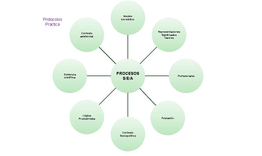 Modelo biomédico Protocolos Practica Representaciones Significados Valores Contexto asistencial PROCESOS S/E/A Evidencia científica Lógica