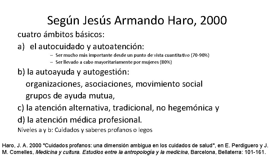Según Jesús Armando Haro, 2000 cuatro ámbitos básicos: a) el autocuidado y autoatención: –