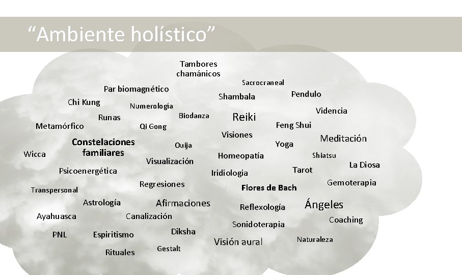 “Ambiente holístico” Tambores chamánicos Par biomagnético Chi Kung Metamórfico Numerología Runas Wicca Psicoenergética Ouija