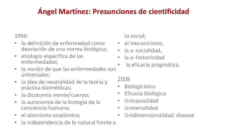 Ángel Martínez: Presunciones de cientificidad lo social; 1996: • el mecanicismo, • la definición