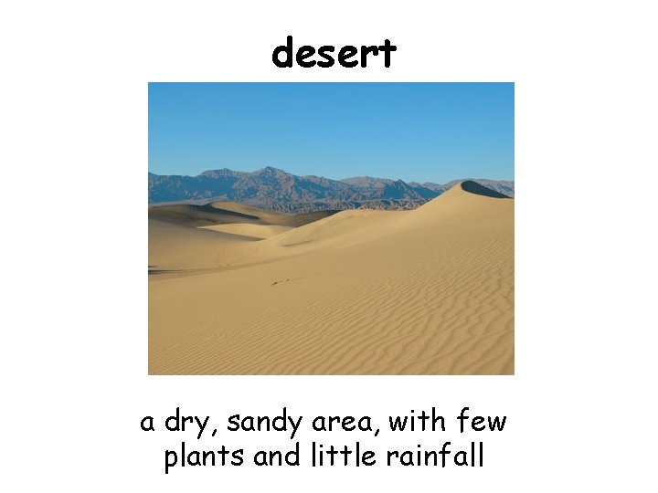desert a dry, sandy area, with few plants and little rainfall 