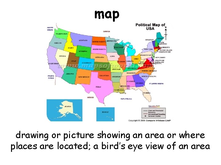 map drawing or picture showing an area or where places are located; a bird’s