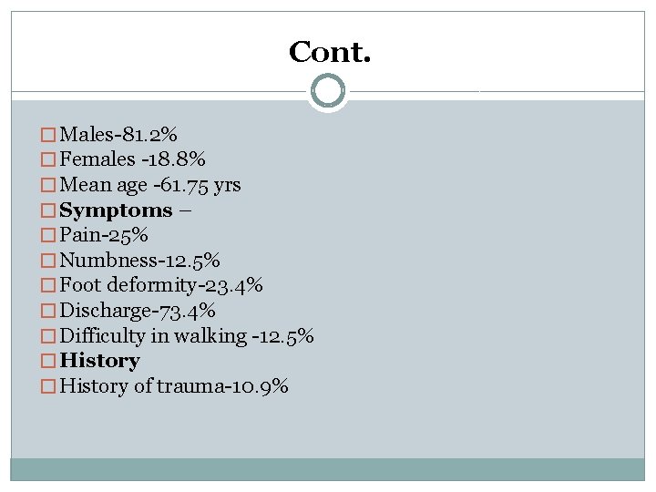 Cont. � Males-81. 2% � Females -18. 8% � Mean age -61. 75 yrs